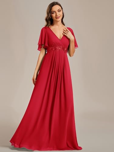 Image of Ever-Pretty Women's Chiffon V-Neck Mother of Bride Dresses A-Line Ruched Short Sleeves Appliques Bridesmaid Dress Formal Gown