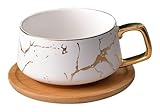 KUKUUU Taza de café Taza de té 1 juego de taza de café y platillo tazas de té y platillos de porcelana taza de desayuno platillo de madera taza de té tazas de patrón de mármol taza de té con platillo