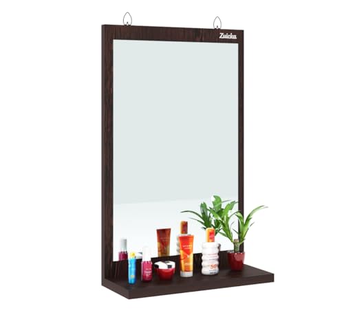 Image of Wall Mounted Wooden Dressing Mirror with Storage Shelf | Bathroom & Bedroom Vanity Mirror Organizer | Engineered Wood Frame | Cosmetic Display Shelf | Dark Wenge Finish | 28 x 45 cm
