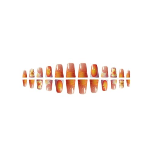 Image of Orange Press on Nails Flower Fake Nails Glossy False Nails with Design French Tip Glue on Nails Reusable Artificial Acrylic Full Cover Duck Stick on Nails for Women Girls Manicure 24Pcs