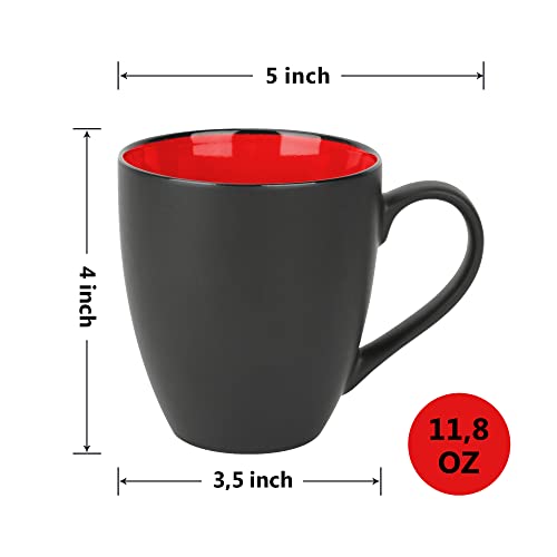 Miamio - Set Of 6 Stoneware Coffee Mugs 12 Ounce/Cup Set - Le Papillon Collection (Black-Red) #TOP5
