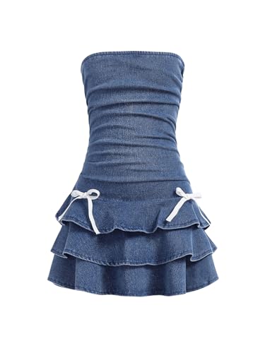 Milumia Girl's Ruched Denim Tube Dress Bow Knot Tiered Layered Short Dresses