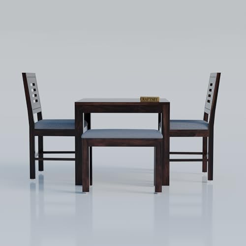 Image of Solid Sheesham Wood 3 Seater Dining Table | Three Seater Dinner Table with 2 Cushions Chairs & 1 Bench | Dinning Table Set 3 Seater for Living Room | Grey Cushions | Walnut Finish