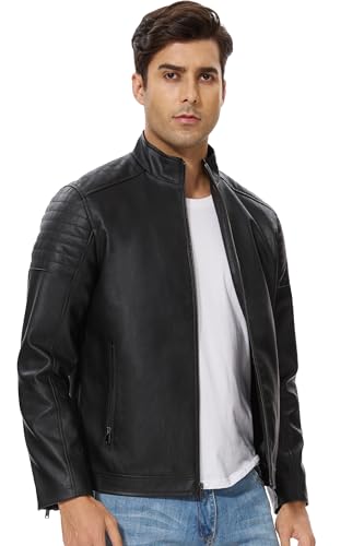 Fahsyee Faux Leather Jacket Men - Black Motorcycle Bomber Jackets Lightweight Casual Vintage Slim Fit Riding Coat4
