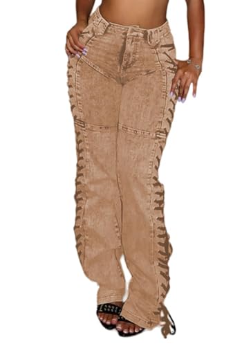 Women's High Waisted Skinny Jeans Straight Leg Stretch Distressed Drawstring Lace Up Sexy Denim Pants Streetwear