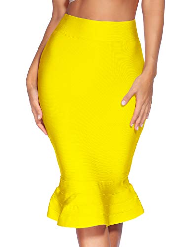 Madam Uniq High Waist Women's Bandage Skirt for Women Yellow Bodycon Fishtail Party Midi Skirt,S