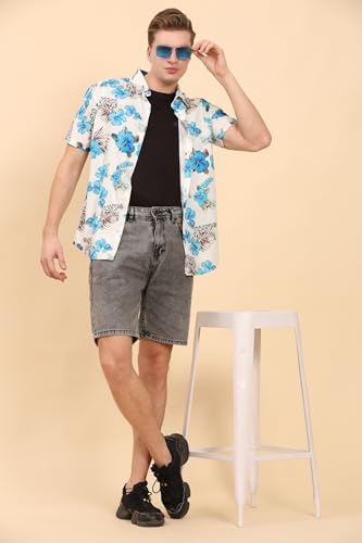 Image of Mens Printed Casual Shirts Short Sleeves Button Down Tropical Shirts (MS1 White Turquoise M)