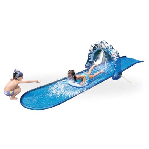 AMATOYS - Tobogan Acuatico 500x95 cm para Niños – con Doble Deslizamiento, Rociadores de Agua y Tabla de Surf – Juguete de Verano al Aire Libre para Jardín, Piscina o Cesped