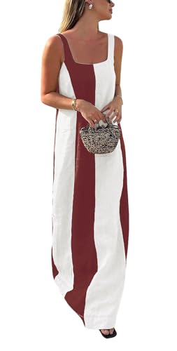 Image of CHARTOU Women Summer Sleeveless Linen Dress Contrast Color Maxi Long Beach Vacation Tank Dress
