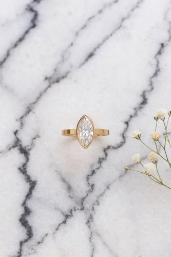 Marquise Moissanite Engagement Ring Wide Thick Band Solitaire in 10k 14k 18k Solid Gold Bold Modern Bridal Wedding Ring for Women4