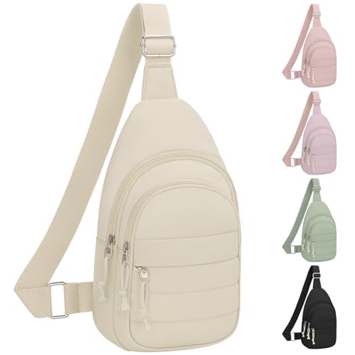 Tenot Crossbody Bags for Women Small Sling Bag Lightness Cross Body Bag Puffer Chest Bags Travel Fanny Pack for Travel Sport Hiking Beige
