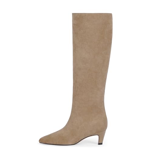 Modatope Women's Tan Knee-high Boots Kitten Low Heel Square Toe Tall Long High Fall Boots for Women 2025 Size 10