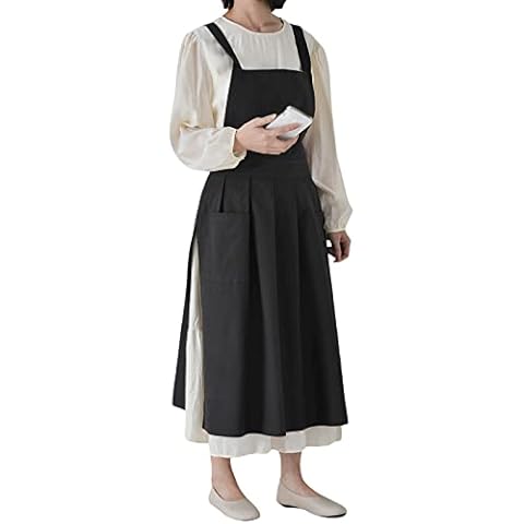 Koitniecer Women Apron with Pockets Gardening Cooking Kitchen Apron Japanese Side Tie Apron Dress Pleated Pinafore Dress (Black Grey, One Size) Cover