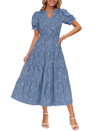 ZESICA Womens Summer Floral Flowy Midi Dress 2026 Puff Short Sleeve V Neck Ruffle Tiered Beach Vacation Party Dresses Blue Small