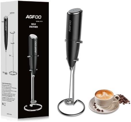 Powerful Milk Frother Handheld - AGFOO Electric Mini frother Wand with Stand for Coffee, Lattes, Cappuccino, Matcha, Frappe, Hot Chocolate and Coffee Creamer (Black)