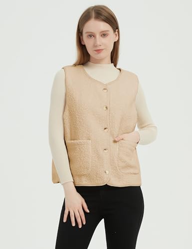 Womens Fall Winter Fleece Sherpa Lightweight Vest Cozy Sleeveless Button Down Fuzzy Outwear Vests with Pockets3