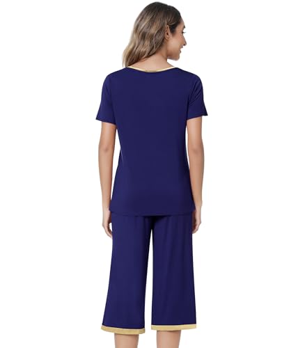 Image of NACHILA Pajamas for Women-Viscose Made from Bamboo,Satin Crew Neck Pajama Sets Short Sleeve Pjs with Capri Pants