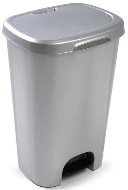 Muddy Hands 50 Litre Plastic Foot Pedal Bin Large Tall Slim Kitchen Rubbish Recycling Waste Dustbin (Silver)