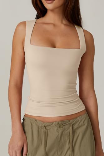 Image of QINSEN Women's Square Neck Sleeveless Double-Layer Tank Tops Basic Tight T Shirts
