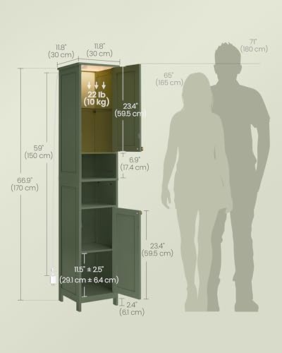 Image of VASAGLE Tall Storage Cabinet with Lights, Slim Freestanding Cabinet with Adjustable Shelves, for Small Spaces, Bathroom, Living Room, Modern, 11.8 Inches Wide, Forest Green UBBC566C01