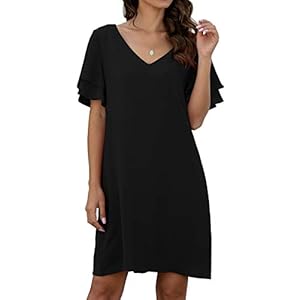 QIXING Women's Summer Casual Loose Mini Dress V-Neck Bell Short Sleeve Double Layer Shift Dress Black-XL-16