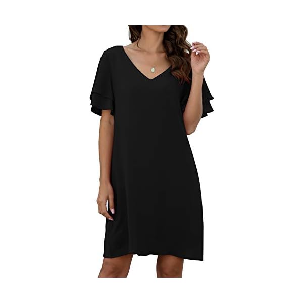 QIXING-Womens-Summer-Casual-Loose-Mini-Dress-V-Neck-Bell-Short-Sleeve-Shift-Dress QIXING Women's Summer Casual Loose Mini Dress V-Neck Bell Short Sleeve Double Layer Shift Dress Black-XL-16