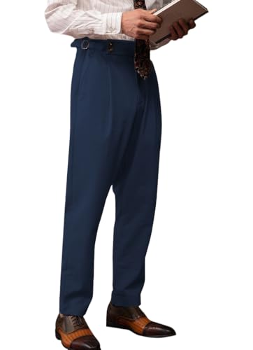 Men's Linen Slim Fit Dress Pants Gurkha Pleated Work Pants Button Zipper Fly Suit Pants Summer