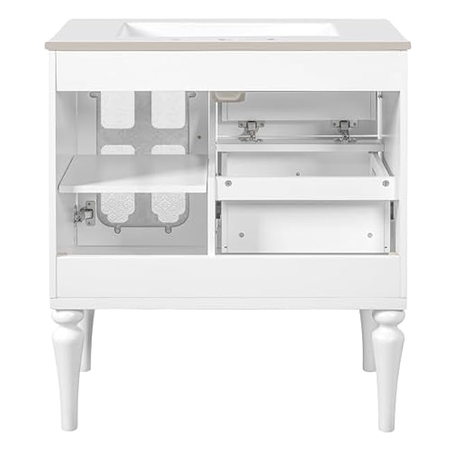 30 Inch Bathroom Vanity Ceramic Sink Combo Set Freestanding Tilt-Out Drawer Single Top Cabinet MDF Solid Wood Frame Bathroom Storage Vintage Glass Door Bathroom Furniture White