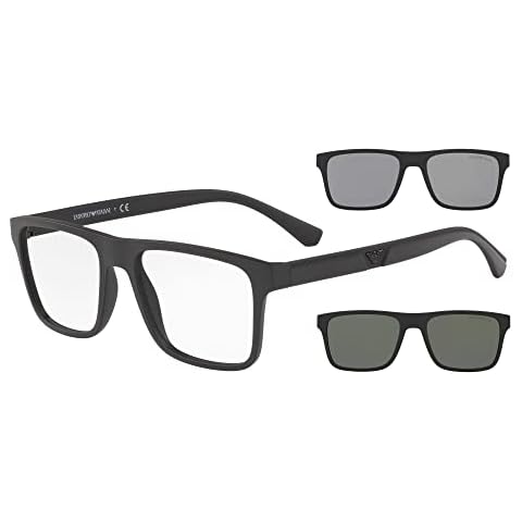 Emporio Armani Men's EA4115 Prescription Eyewear Frames with Two Interchangeable Sun Clip-Ons Rectangular, Matte Black/Clear/Light Grey/Dark Grey, 54 mm Cover