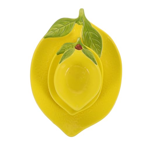 Alipis Juego 3 Platos de Cerámica en Forma de Limón, Bandeja para Aperitivos y Tazón de Ensaladas, Color Amarillo, para Uso Doméstico y Decoración, Vajilla Creativa para Postres y Frutas