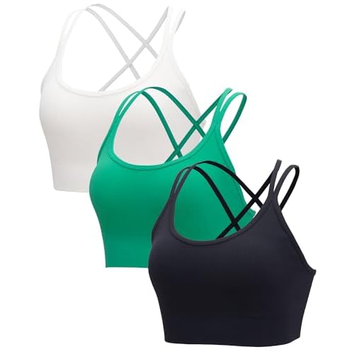 RUNNING GIRL Sports Bra for Women High Support, Criss-Cross Back Padded Strappy Sports Bras Yoga Bra with Removable Cups 2-black+white+green X-Large