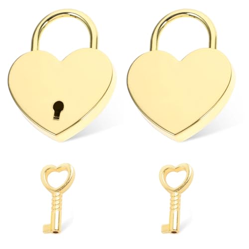 2 Heart-Shaped Small Padlock with Keys for Suitcase, Mini Padlock for Locker, Travel Padlock for Luggage, Gold Locks with Keys Suitable for Travel Bags, Jewellery Boxes, Journals