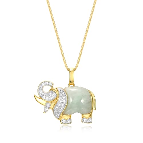 MORGAN & PAIGE .925 Sterling Silver 18K Gold Plated Genuine Jade Necklaces for Women - Elephant and White Sapphire or Turtle with 1/10 cttw Diamond Pendant, Gold Necklace for Women Jewelry 18 inch