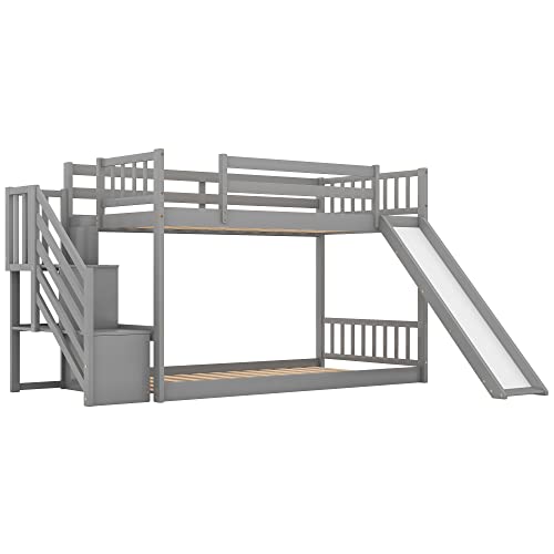 SOFTSEA Floor Bunk Bed with Slide Solid and Stairs, Playhouse Design Twin Over Twin Low Bunk Beds fr Kids Teens, No Box Spring Needed, Gray