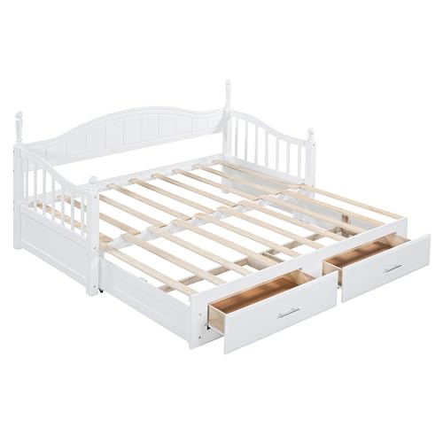 Image of Merax Multifunctional Extending Day Bed with Trundle & Drawers Twin to King Wood Sofa Bed with Headboard No Box Spring Needed White