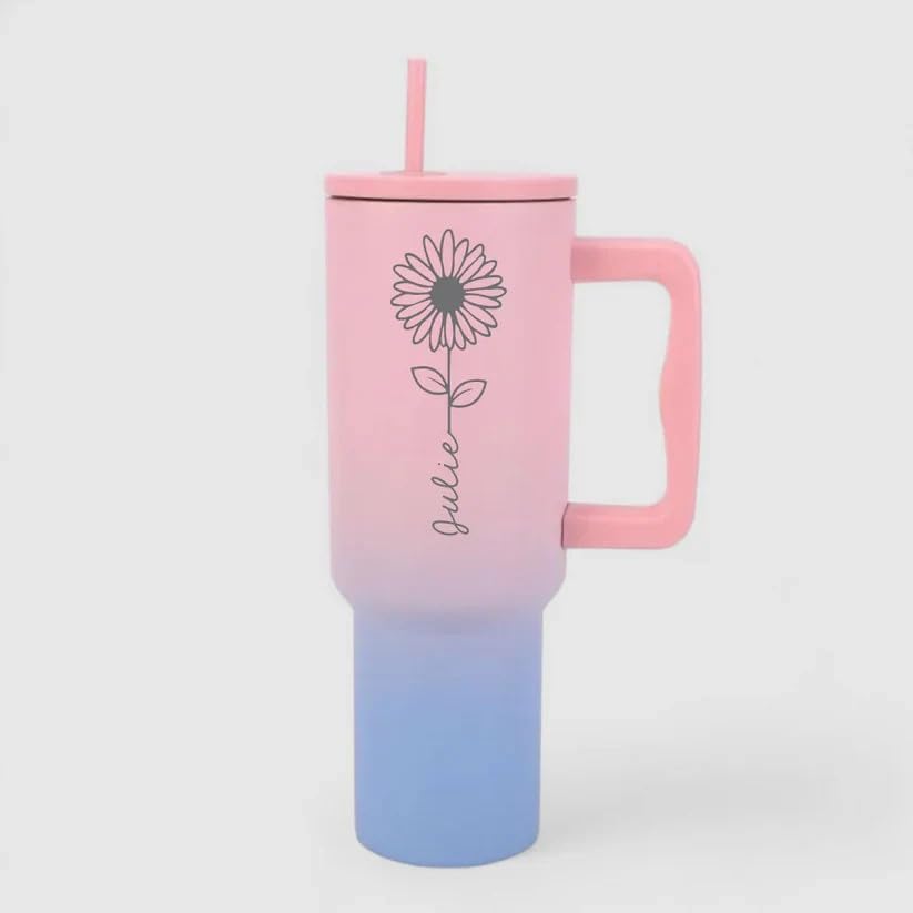 Image of Personalised with Your Name, 1200ml Tumbler with Straw - Handle - Stainless Steel Double Wall Insulated Cup | Leakproof Sipper Mug for Hot - Cold Drinks | Coffee - Water Tumbler (Blue Fower custom)