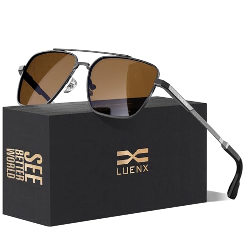 LUENX Aviator Sunglasses for Men Women Square Polarized Polygon Brown Lens Gunmetal Frame 58MM