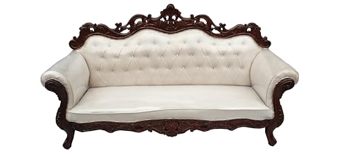 Image of Wooden 5 Seater Sofa Set | 3 +1 + 1 Solid Wood Hand-Carved White Heavy Sofa | Traditional Design Furniture for Living Room | Home | Office