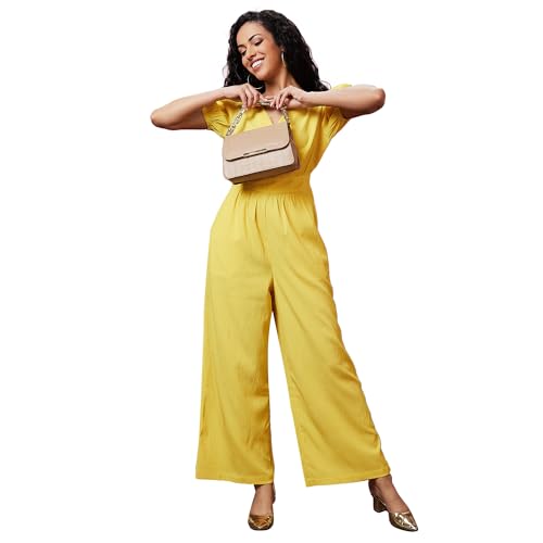 Image of Globus Women Wine Solid Wrap V-Neck Short Sleeves Jumpsuit with Waist Tie-Up-3638457004