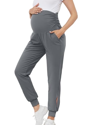 PARNIXS Pantalon de grossesse Haren pour femme - Pantalon de yoga avec poches - Pantalon d'été tendance - Pantalon de survêtement pour tout l'abdomen, gris, S PARNIXS Pantalon de grossesse Haren pour femme - Pantalon de yoga avec poches - Pantalon d'été tendance - Pantalon de survêtement pour tout l'abdomen, gris, S