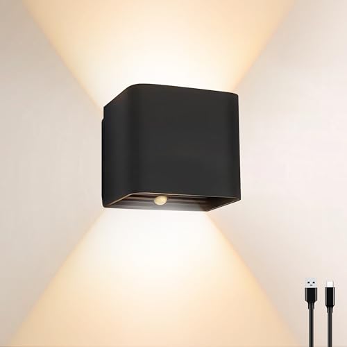 Lámparas LED de Pared con Sensor de Movimiento, Lámpara de Pared Inalámbrica Recargable, Ángulo de haz Ajustable Negro Lamparas Sin Cables para Interior, Escalera, Pasillos, Dormitorio（10x8.5x8.5cm)