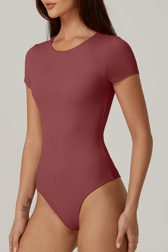 Image of QINSEN Women's Crew Neck Short Sleeve Bodysuit Double Lined Body Suits Basic T-shirt Tops