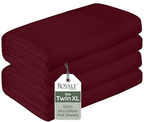 Royale Linens 2 Pack Bulk Flat Sheet Set - Top Sheets - Soft Microfiber - Wrinkle & Stain Resistant - for Hotel, Massage Table, Hospital, Dorm - Twin XL Flat Sheet Sold Separately (Twin XL, Burgundy)