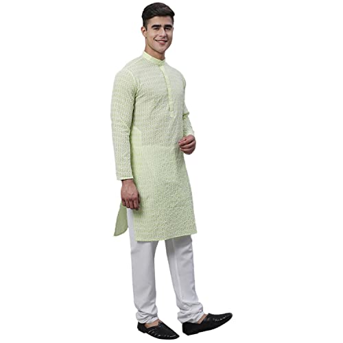 Image of SOJANYA (Since 1958 Men's Pure Cotton Blue Kurta with White Embroidery and White Pyjama Set