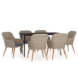 GHVBNMF Garden Dining Set, 6 Person Outdoor Patio Furniture with Rectangular Black Glass Top Table and Brown Poly Rattan Chairs, Sturdy Steel Frame for Backyard, Porch and Deck