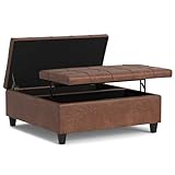 SIMPLIHOME Harrison 40 inch Wide Transitional Square Large Coffee Table Storage Ottoman in Distressed Saddle Brown Vegan Faux Leather, Assembled, for The Living Room and Bedroom