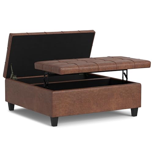 SIMPLIHOME Harrison Large Coffee Table Storage Ottoman - 40 inch Wide Upholstered Vegan Leather Square Lift-Top Ottoman in Distressed Saddle Brown Transitional Bench for Living Room with Sturdy Base