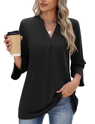 PASUDA Blusa Mujer Elegante Camiseta Manga Larga de Negocios 3/4 Manga Camisas Cuello en V Rayas Sólido Túnica Moda Casual Trabajo Túnica Verano Tops Otoño T Shirts(Negro,M)