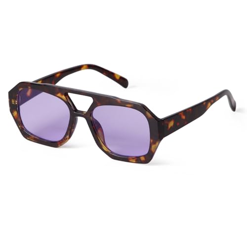 ADE WU Trendy Square Aviator Sunglasses for Women Fashion Chic Retro Vintage 70s Thick Oversized Geometric Pilot Sun Glasses,Tortoise Shell Frame Purple Lense