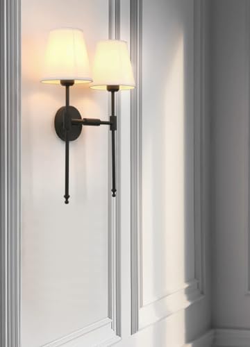 Image of PERMO Classic Rustic Double Sconce 2-Lights Wall Sconce Lighting Fixture with Flared White Textile Lamp Shade and and Black Finished Long Arm,Wall Sconce Light Fixture for Bathroom Bedroom Bedside